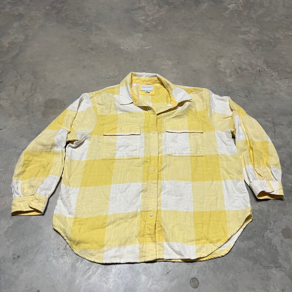 American Eagle Oversized Womens Yellow Plaid Button Down Shirt Size Medium